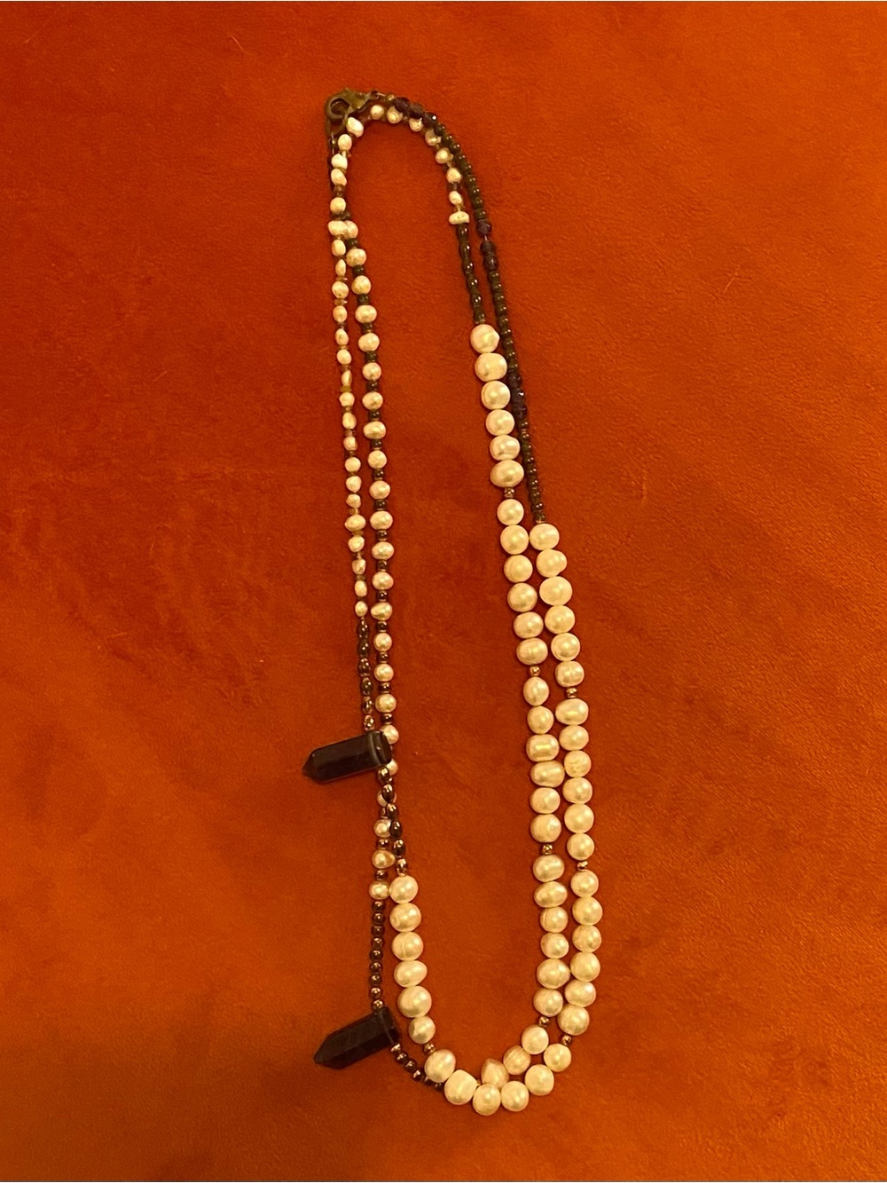 Long Strand Pearl, Fluorite Single Point Crystals, and Amethyst Necklace